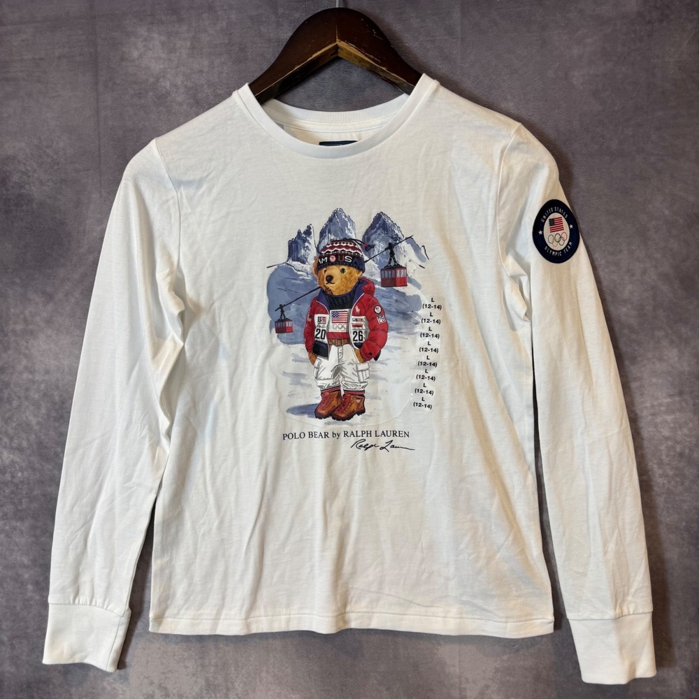 Polo Ralph Lauren Team USA Olympic Polo Bear White Long Sleeve T-Shirt L 12-14
